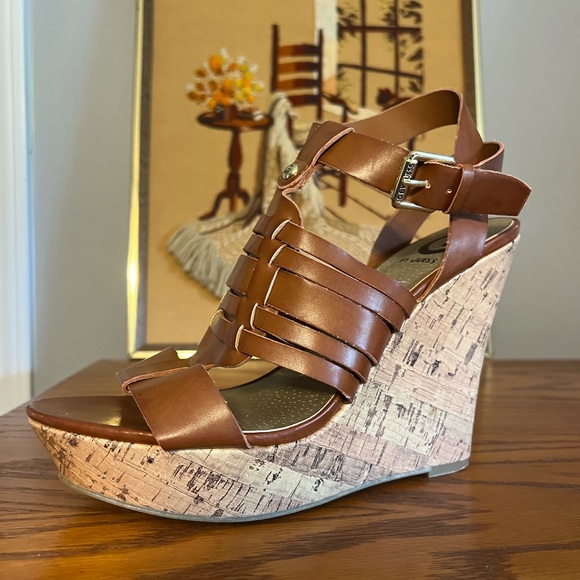 G by guess womens 8.5 brown cork wedges platform sandals EUC - Picture 8 of 9